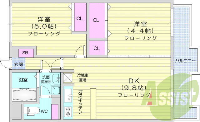 2DK、エアコン、インターホン、ウォシュレット機能