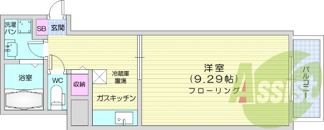 1K、バス・トイレ別、バルコニー、追い焚き機能