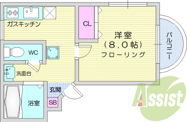 1Ｋ、ガスキッチン、バストイレ別、室内洗濯機置場、エアコン