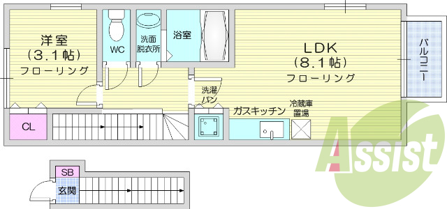 1LDK、エアコン、バストイレ別、インターネット無料