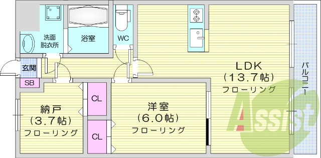 1LDK、ウォークインクローゼット、シャンプードレッサー