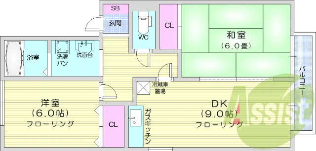 2DK、風呂トイレ別、シャワートイレ、バルコニー