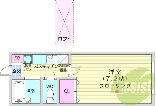 1K、風呂トイレ別、エアコン、ロフト付き