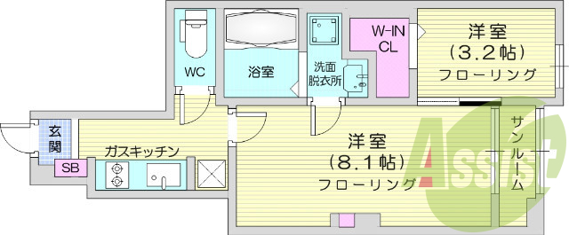 1K、フローリング、エアコン、ウォークインクローゼット
