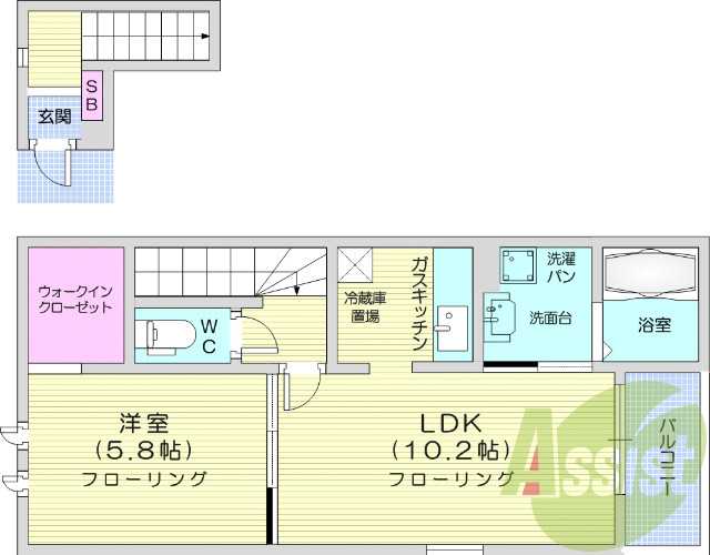 １LDK、バス・トイレ別、エアコン２台設置済。
