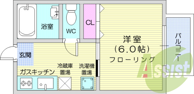 1K、バランス釜、フローリング、室内洗濯機置場、LPガス