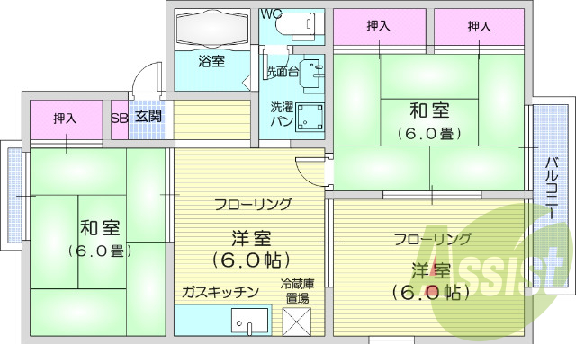 3DK、追焚機能、バス・トイレ別、独立洗面台