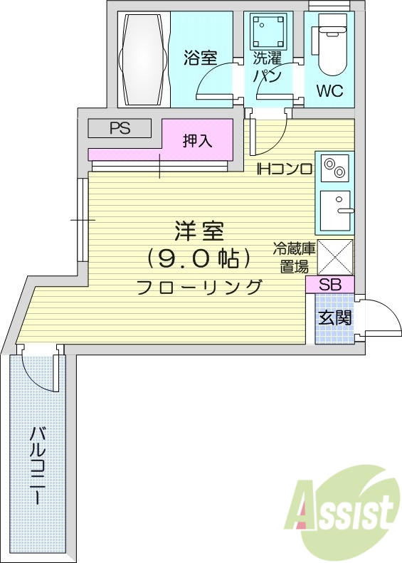 1R、ウォークインクローゼット、バストイレ別