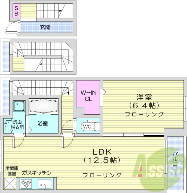 1LDK、バルコニー、浴室乾燥、洗濯機置き場室内