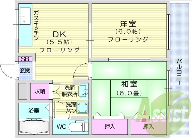 2ＤＫ、エアコン、室内洗濯機置き場、トイレ浴室別、収納