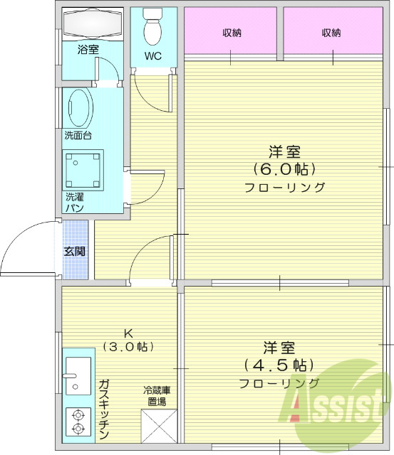 2K、角部屋、都市ガス、洗面所、洗面台、エアコン
