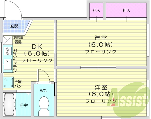 2DK、バス・トイレ別、洗濯機置場室内、バルコニー