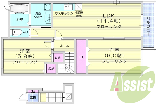 2LDK、バストイレ別、追い焚き機能、浴室乾燥機、エアコン