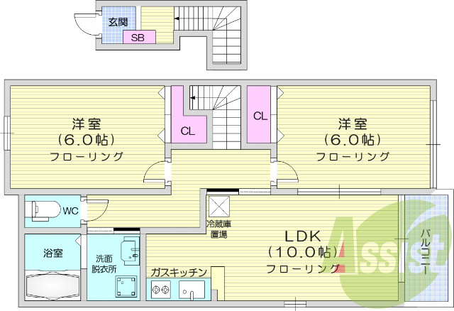 2LDK、モニター付きインターホン、ウォシュレット