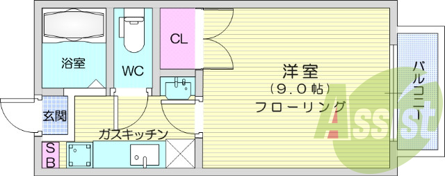 1Ｋ、9.0帖の広々な洋室。都市ガス、独立洗面台付き。