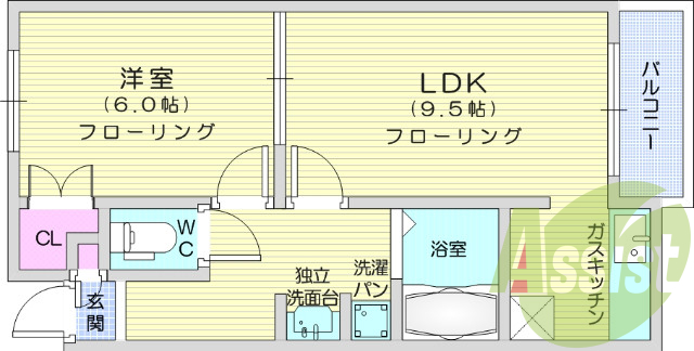 1LDK、都市ガス、洗面所独立、陽当たり良好