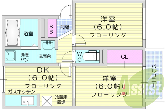 2DK、エアコン、インターホン、バストイレ別。