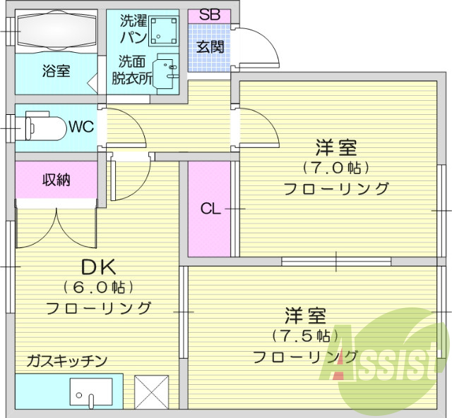 2DK、エアコン、室内洗濯機置場、トイレ浴室別、クローゼット