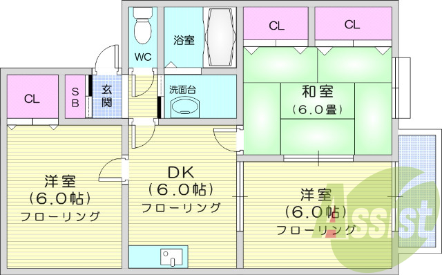 3DK、バストイレ別、給湯、追い焚き給湯