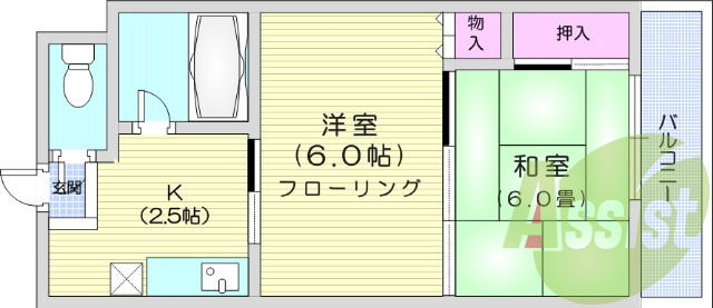 2K、都市ガス、バストイレ別、エアコン、室内洗濯機置き場