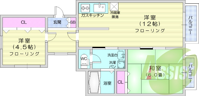 2LDK、エアコン、独立洗面台、モニター付きインターホン