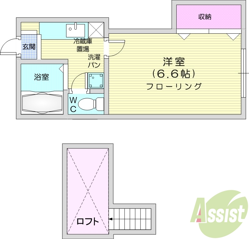 １K、ロフト付き、バス・トイレ別、エアコン。