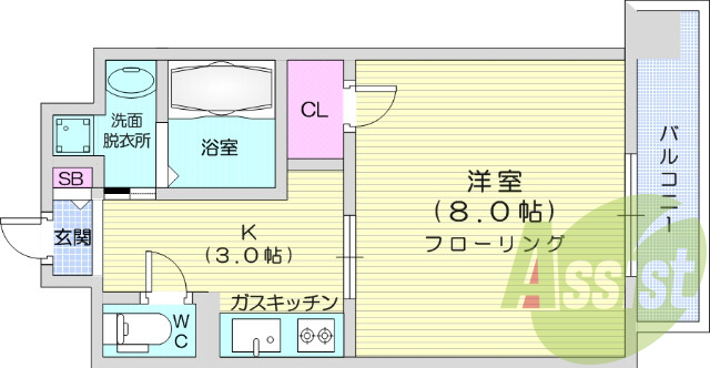 1K、バストイレ別、ウォークインクローゼット。