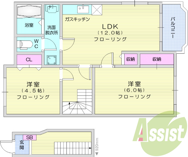 2LDK、追い焚き、独立洗面台、プロパンガス、バルコニー