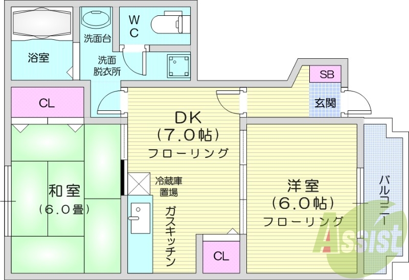 ２DK、エアコン、バストイレ別、