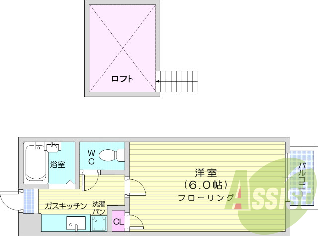 １k、ロフト、風呂トイレ別、エアコン、追い焚き給湯