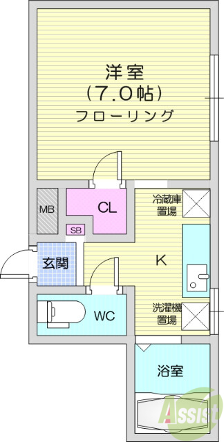1K、陽当たり良好、ウォシュレット付きトイレ有り。