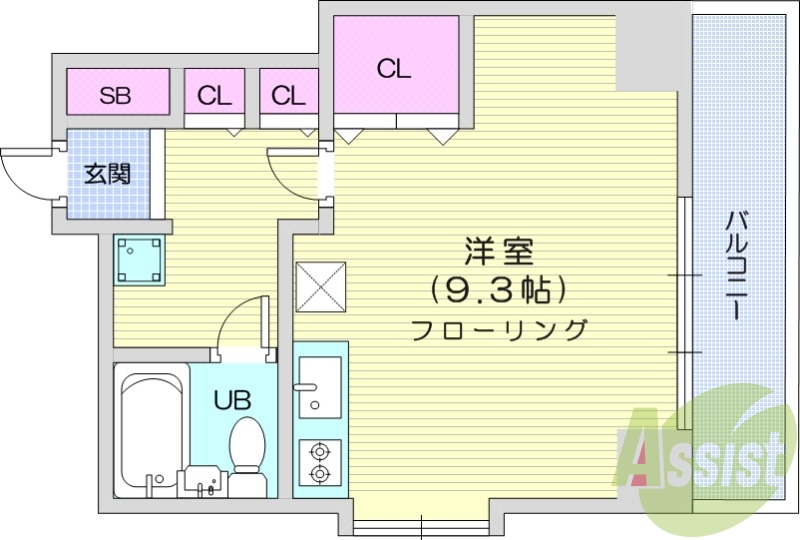 1R、都市ガス、エアコン、バルコニー、TV付インターホン。