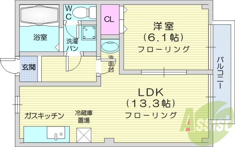 1LDK、温水洗浄便座、洗面化粧台、洗濯機置場