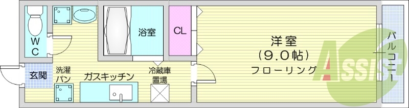 1DK、エアコン、バストイレ別、都市ガス、光ファイバー