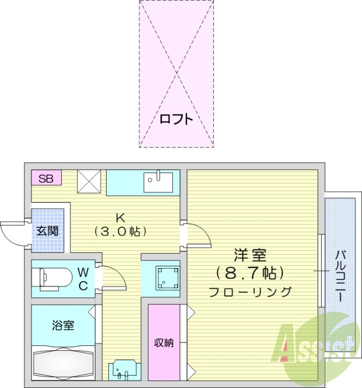 1K、角部屋、室内物干し、ロフト、エアコン