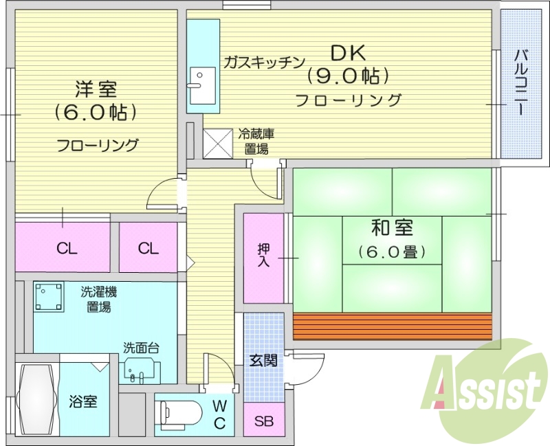 2DK、バストイレ別、温水洗浄便座付き、室内洗濯置場