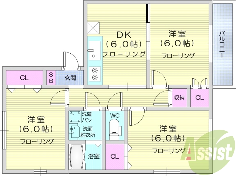 3DK、温水洗浄便座、TVインターホン、独立洗面台