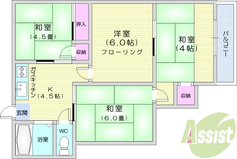 4K、バストイレ別、都市ガス、追い焚き機能
