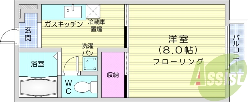 1K、エアコン、室内洗濯機置き場、照明器具