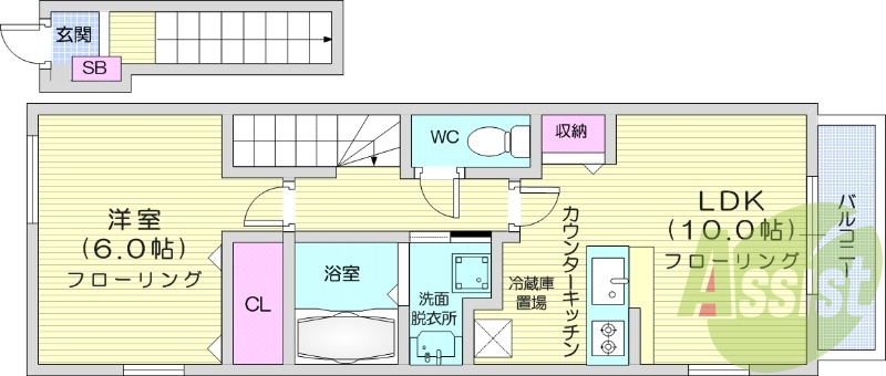 1LDK、浴室乾燥、独立洗面台、カウンターキッチン