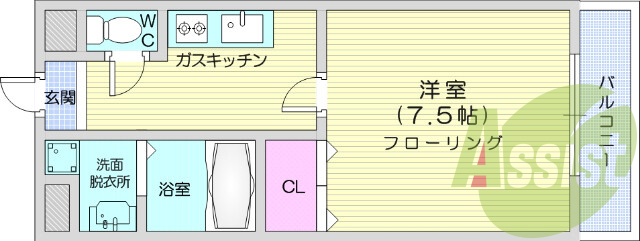 1K、洗面台、エアコン、室内洗濯機置場