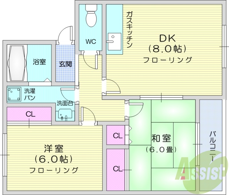 ２DK、バストイレ別、バルコニー、和室、クローゼット