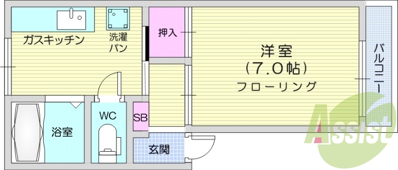1K、都市ガス、エアコン、モニター付きインターホン