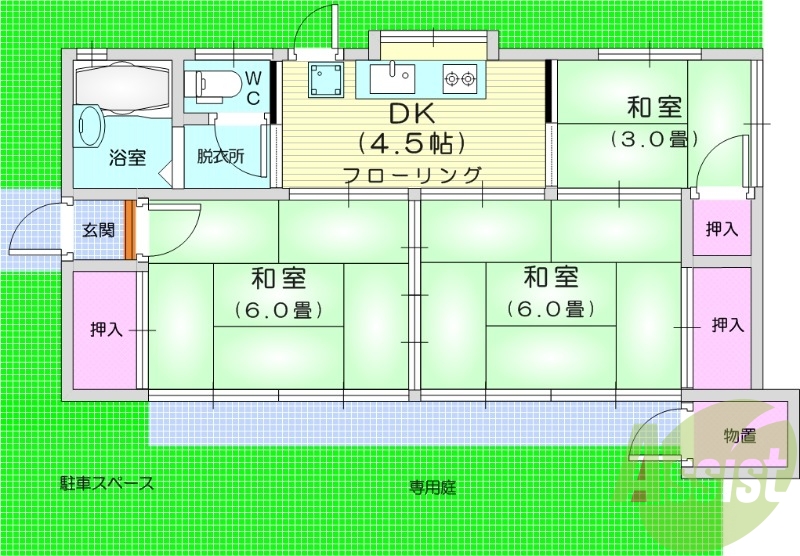 ３DK、平屋、専用庭、倉庫、駐車場付き、風呂トイレ別、収納