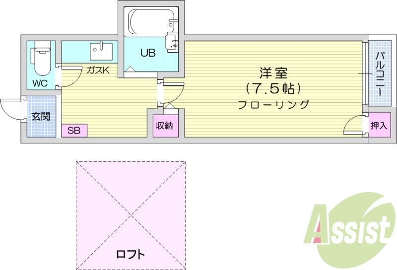 1K、ロフト、バルコニー、クローゼット、収納