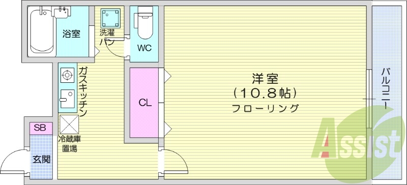 1K、エアコン、システムキッチン、室内洗濯機置場