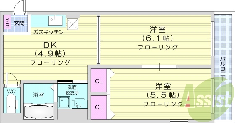 2DK、バルコニー、クローゼット、バストイレ別