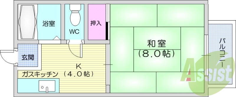 １K、バルコニー、洗濯機置き場室内、クローゼット、バストイレ