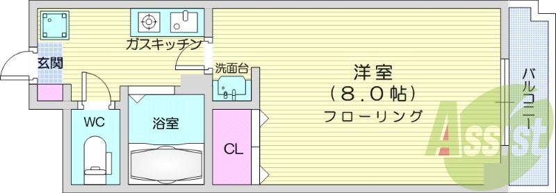 1K、バルコニー、ガスキッチン、クローゼット、バストイレ同室