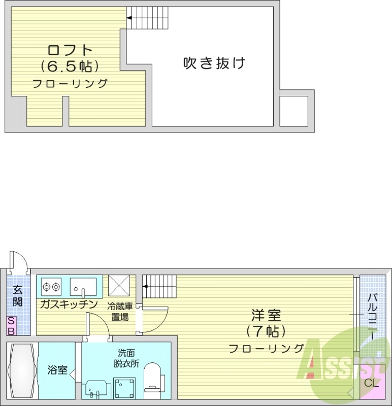 1K+ロフト、システムキッチン、独立洗面台